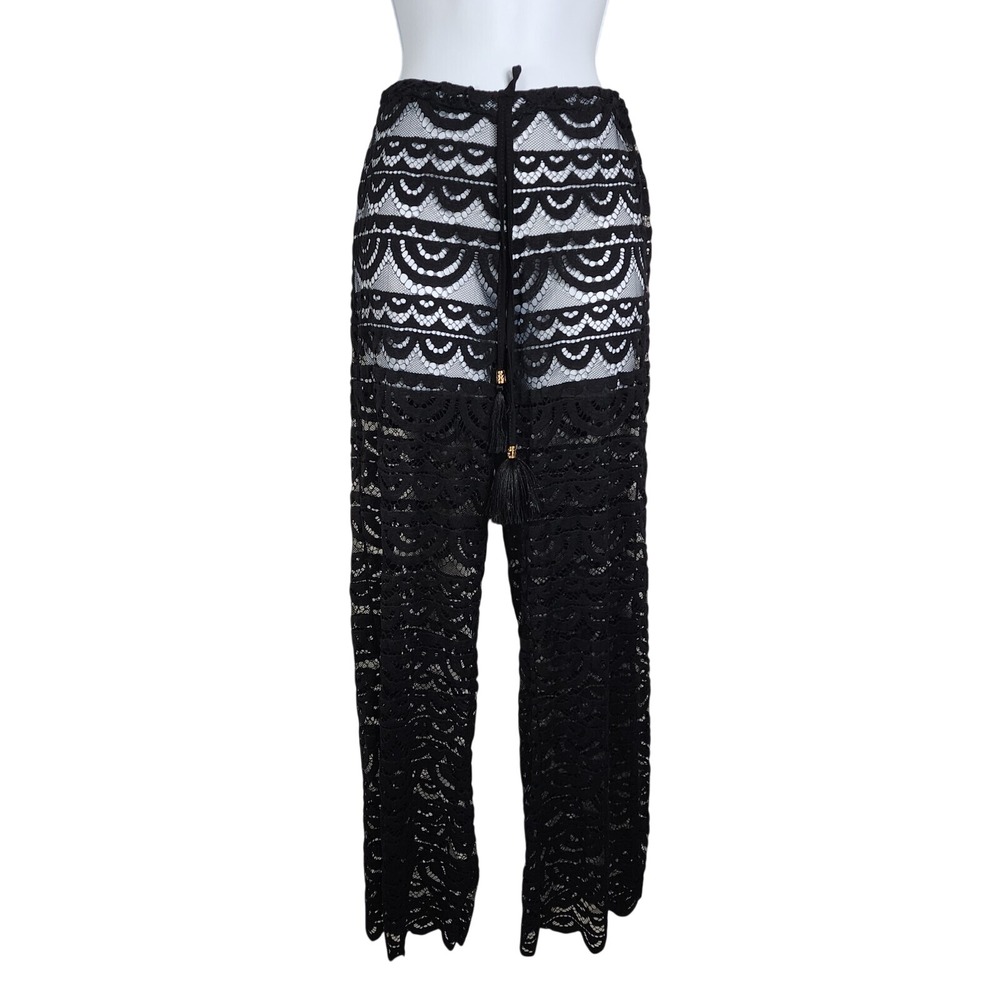 New! SPIAGGIA DOLCE Size Small Black Nylon Lace Beach Cover Palazzo Pants Tassle